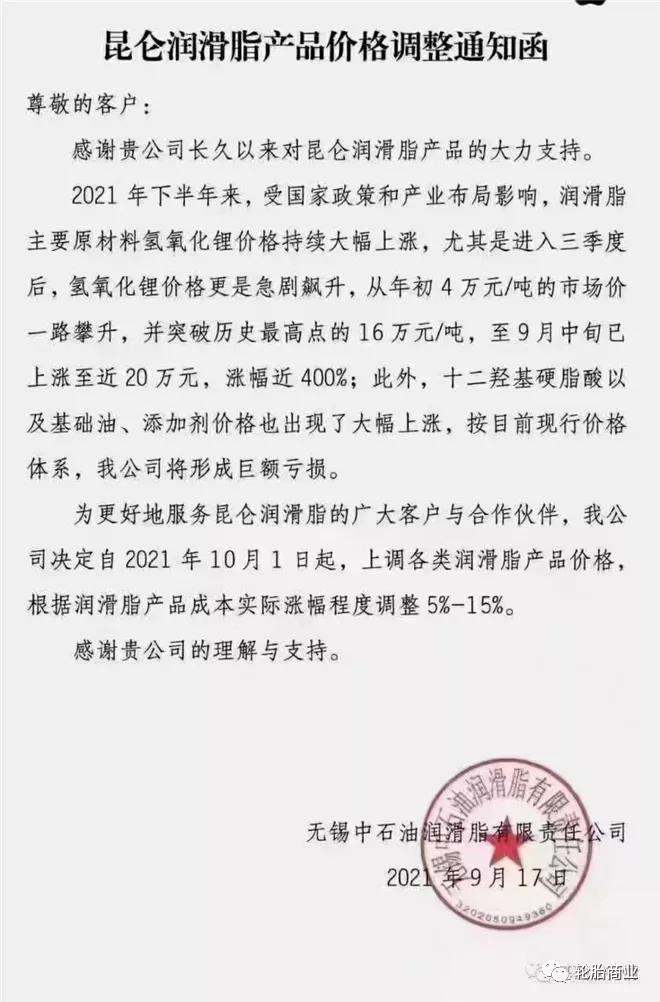 昆仑润滑油涨价5-15%
